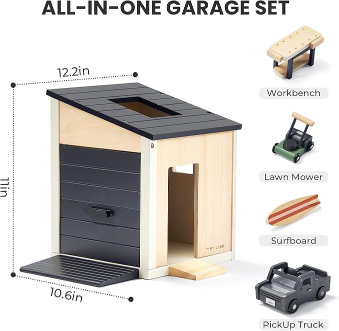 Tiny Land Wooden Dollhouse Garage Set – Realistic Design with Garage, Workbench,Lawn Mower & SUV Car, Expansion Dollhouse Furniture & Accessories for Doll house, Educational Pretend Play Gift for Kids
