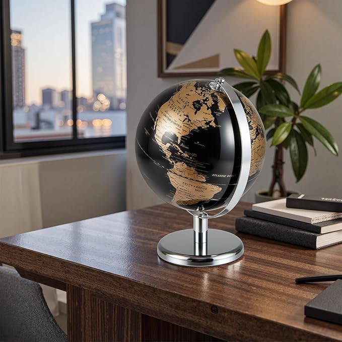 8" World Globe, Black Earth Globe with Gold Accents, Metal Stand, Non-slip Base & Time Zone, Decorative Tabletop Desk Globes for Classroom, Office & Home