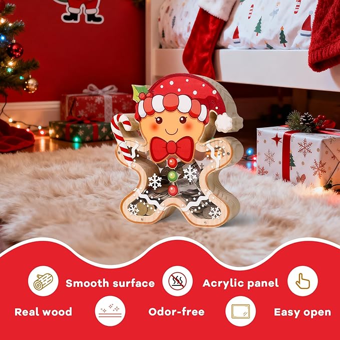 Wooden Christmas Piggy Bank for Kids, Gingerbread Man Money Bank for Boys Girls Toddler, Unbreakable Kids Money Box with Letter Sticker, Large Saving Coin Jar for Xmas Home Christmas Décor