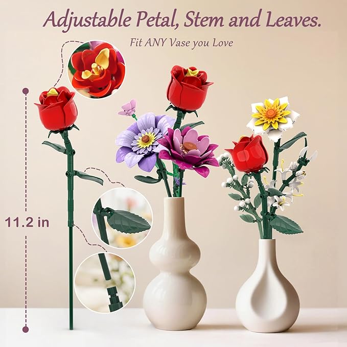 Dual-Tone Vase Flowers Bouquet Building Set, 16 Artificial Flowers Bouquet Sets for Adults & Women & Home Decor Living Room, Compatible with Lego Flowers Bouquet Botanicals Collection, 1278 PCS