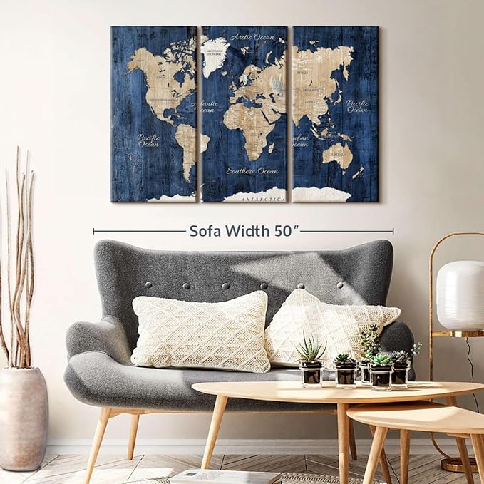 ElephantStock Aged Blue World Map II Canvas - 3 Panel Wall Decor - World Map Digital Art - Blue Wall Art - 45" X 28"