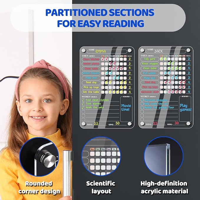 Acrylic Magnetic Chore Chart for Kids Multiple Kids, Clear Chore Board for Fridge Refrigerator, Behavior Reward Responsibility Chart, 2 Dry Erase Chores Chart for Kid with 6 Markers & Anti-Scratch Pad