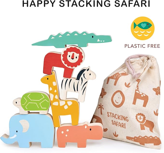 Mentari Toys - Happy Stacking Safari - 7pc Wooden Stacking Toy for Toddlers - Colorful Safari Balancing Activity Toy with Bag - Boost Fine Motor Skills and Dexterity - Educational Toy - Age 18m+