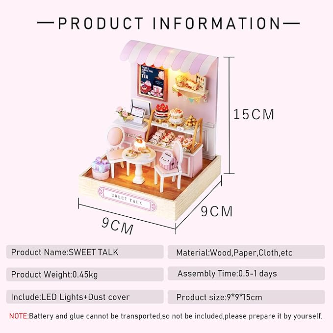 Miniature House Kit, CUTEROOM Tiny House Kit Wooden Dollhouse Kit Mini House Making Kit with Dust Cover, DIY Dollhouse Kit Birthday Gift- Sweet Talk