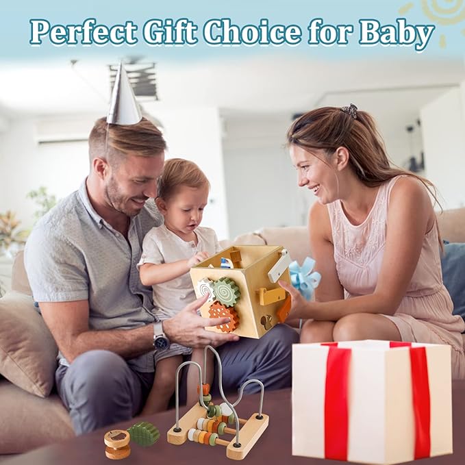 Wooden Activity Busy Cube Montessori Toys, 6-in-1 Activity Center Baby Bead Maze Toys, Sensory Shape Sorter Blocks, Toddler Boys Girls First Birthday Gift