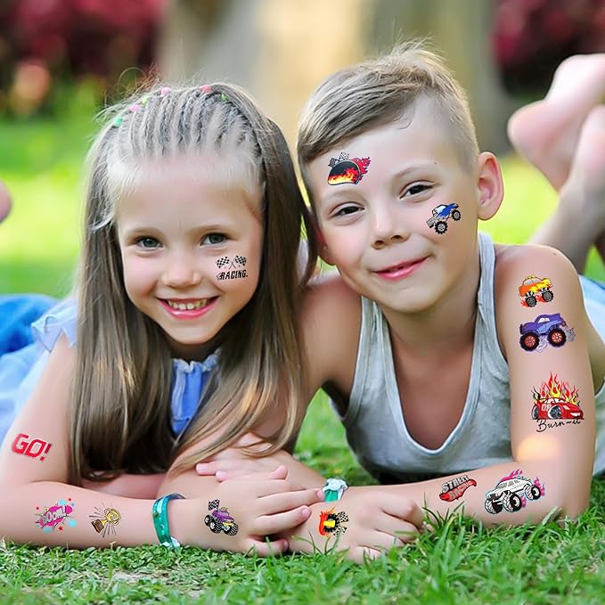 75 PCS Truck Temporary Tattoos for Kids, Groovy Metallic Styles Tattoos for Truck Wheels Birthday Party Supplies Racing Car Checkered Flag Trophy Flame Fake Tattoo Stickers for 5 6 7 8 Years Old Boys