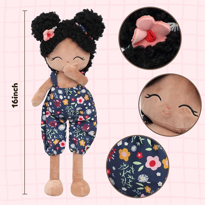 Soft Baby Doll Toys (16'') Baby Rag Doll for Girls Birthday Gift Christmas Plush Toys Gift for Toddler Kids (Black)