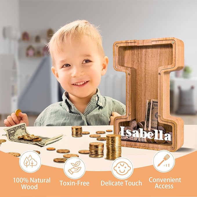 Wooden Letter Piggy Bank for Kids Larger Letter Piggy Bank for Boys and Girls Personalized Piggy Bank Initial Coin Bank Wood Kids Money Bank for Birthday and Festival