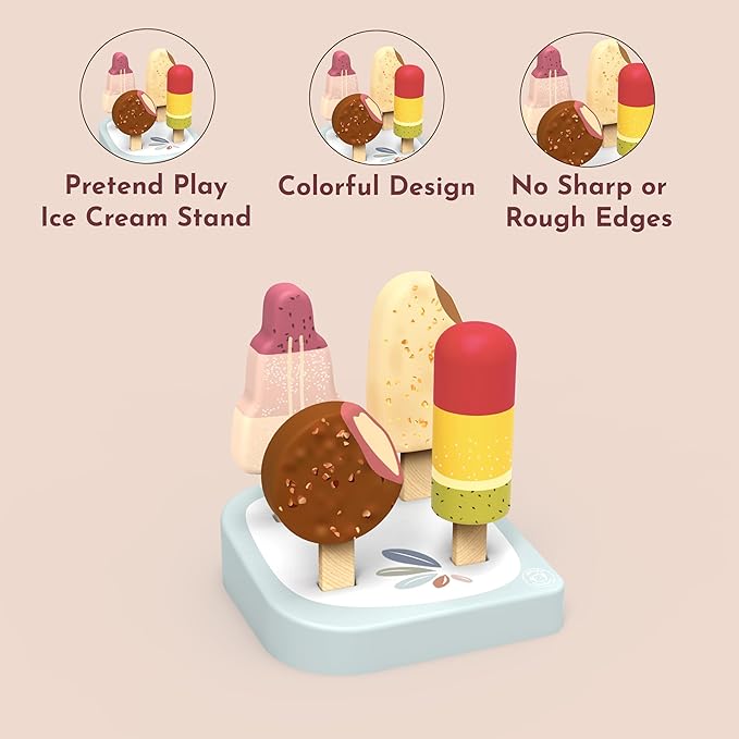 Speedy Monkey Wooden Ice Cream Bar Stand with 4 Treats – FSC Certified Popsicle & Gelato Pretend Play Dessert Counter for Kids, Sweet Food Role Play Toy for Toddlers, Boys & Girls, Ice Cream Cart Set