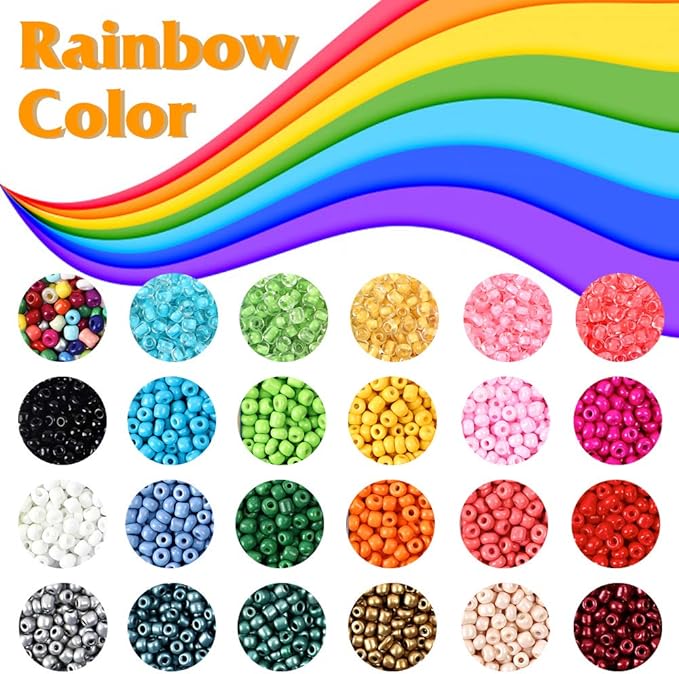 7600pcs Friendship Bracelet Kit Including 6000pcs 4mm Glass Seed Beads and 1600pcs Letter Beads for Bracelet Making, Jewelry Making and Crafts with 20m Crystal String and 30m Elastic String