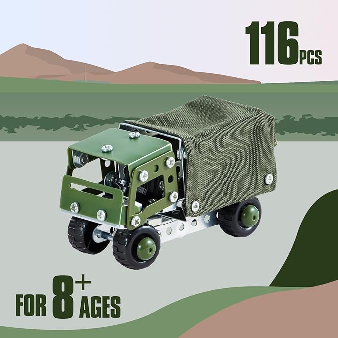 Military Truck STEM Building Toy Set for Boys Age 8-12 - Metal Army Toys Model Car Kits - Engineering Projects for Kids 6-10 - Vehicles