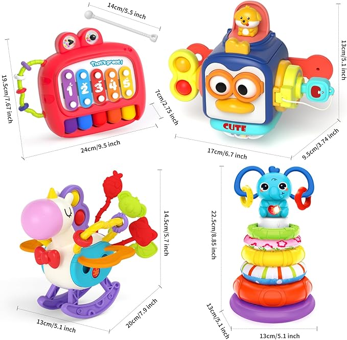 4 in 1 Baby Toys for 6-12 Months, Infant Sensory & Stacking for 1 Year Old, Dinosaur Busy Cube Toys for Babies 6-9-12 Months, Piano Xylophone Musical Travel Toy, Christmas Birthday Gifts for Toddler