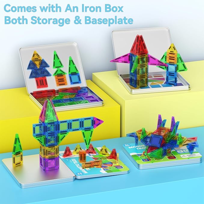 Mini Magnetic Tiles, 58PCS Travel Magnetic Tiles with Iron Box, STEM Educational Construction Toys for Kids Ages 3+, Portable Building Toys Gift for Boys & Girls