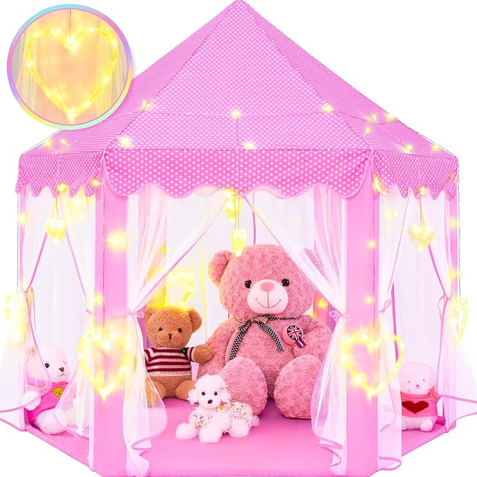 EVOIONOS Princess Tent for Girls with Large Love Lights, Pink Play Tent for Toddlers, Castle Playhouse 55 x 53 inch