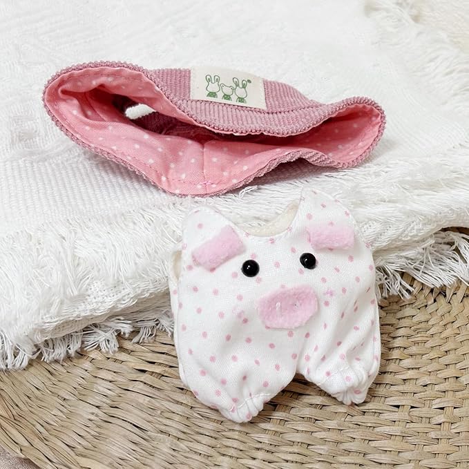 17cm Clothes Set(NO Doll), Hat & Cute Piggy Overalls Set Accessories for Doll, Premium Fashion 17cm Outfit (Pink Pig)
