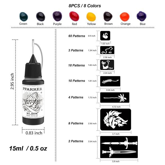 PFARRER Temporary Tattoo Kit 8 Bottles Color Temporary DIY Tattoo Ink,105 Pcs Stencils Kit for Body Paint Fake Tattoos for Kids&Women (Black,Red,Green,Blue,Yellow,Purple,Brown,Orange)