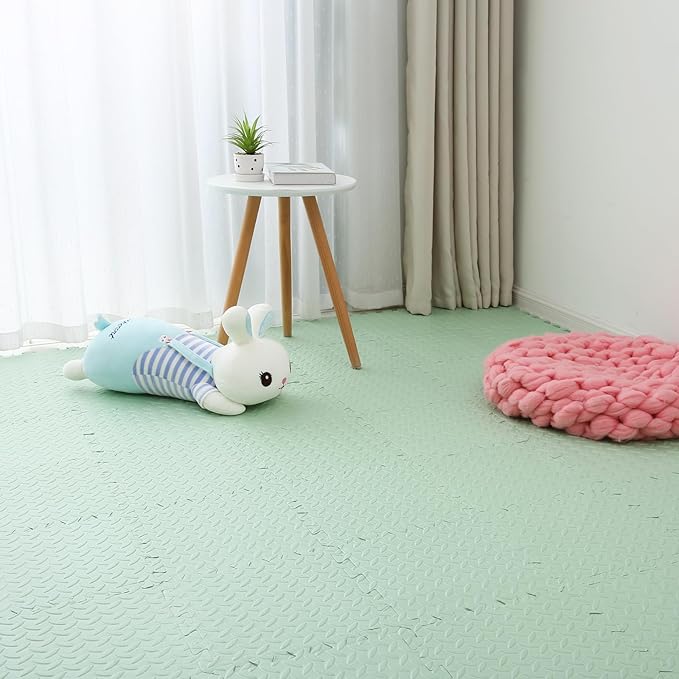 Coolcandy EVA Foam Play Mat, 16 Tiles Colorful Baby Play Mat, Square Kids Playmat with Solid Colored, 0.4" Thickened Interlocking Foam Floor Tiles, Puzzle Play Mat For Baby Lying, Playing (Bean Green)