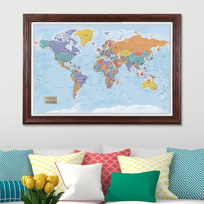 Push Pin Travel Maps - Customizable Blue Oceans World with Solid Wood Cherry Frame- 27.5" x 39.5" - 8 Handcrafted Frame Options - Made in USA - Ideal for Adventurous Travelers