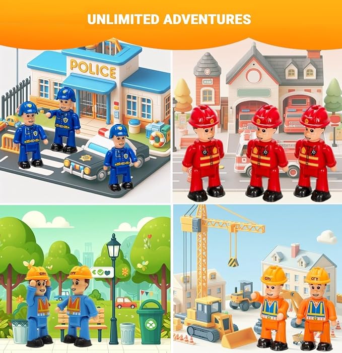 FUNERICA 10-Set Toy People Figures - Bendable Fireman, Police, Construction Workers, Community Helpers, Play Little People Toys Figurines Dollhouse Firefighter playset