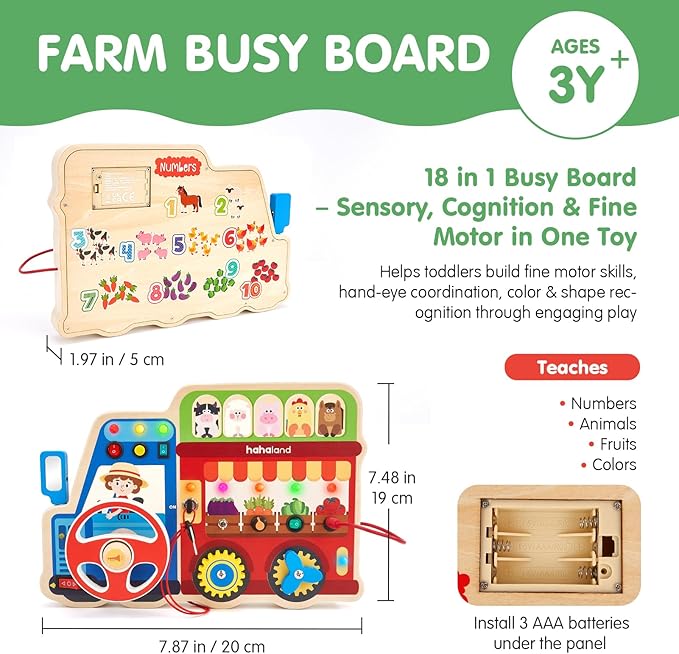 hahaland Montessori Busy Board for Toddlers 3-5, 18-in-1 Wooden Sensory Activity Board with LED Lights & Switches, Educational Montessori Toy for Fine Motor Skills, Travel & Birthday