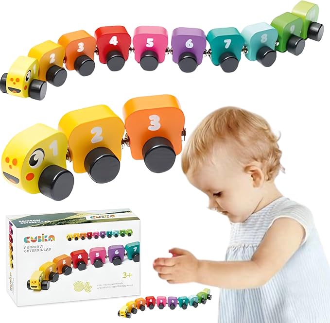 Cubika Wooden Rainbow Caterpillar – Magnetic Sorting Train Toy for Kids Ages 3+– Wooden Learning Toy for Colors, Shapes, and Fine Motor Skills