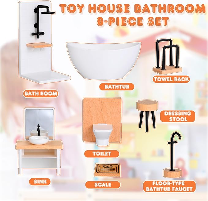 NUOBESTY Dollhouse Bathroom Set, 1 12 Scale Dollhouse Furniture 8pcs Miniature Doll House Bathroom Accessories with Mini Bathtub, Toilet, Shower Room for Doll House Decor Accessories