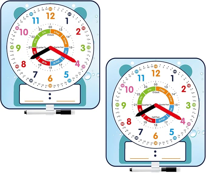 2 Pack Magnetic Writable Dry Erase Teaching Clock with Pen, Large 12" Teaching Demonstration Clock for Kids Learning Time with Cute Style for Home School Classroom Supplies(12" x 11")