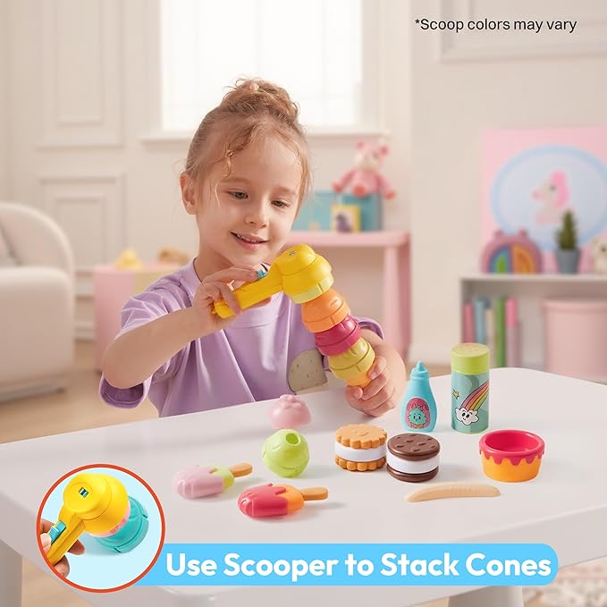 Ice Cream Maker Pretend Toy for Role Play, Play Food Toy Set, Play Kitchen Accessories, Christmas Preschool Gifts for Girls Boys Kids Toddlers Age 3+