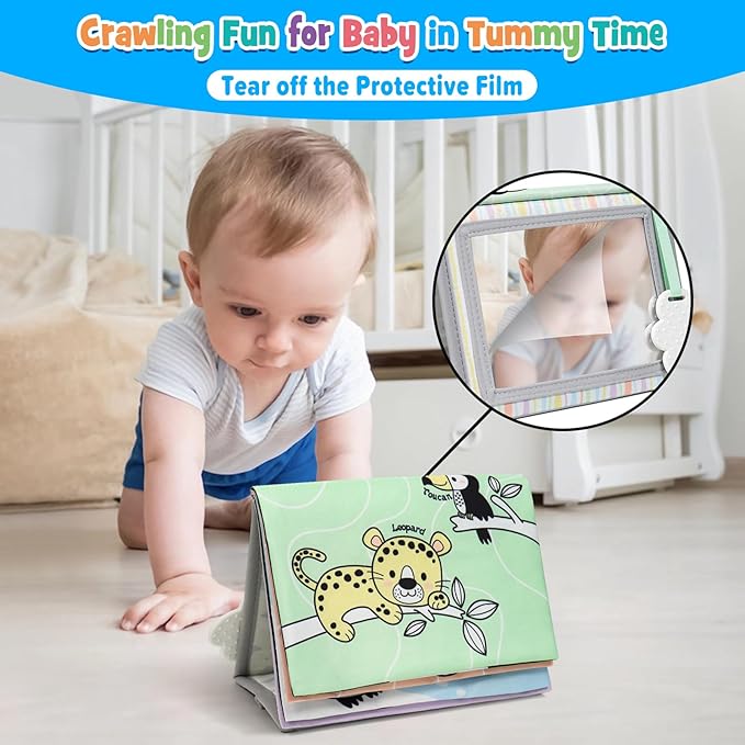 Dr.Rapeti Soft Tummy Time Book Baby Safe Mirror with Teether Crinkle Pages Tummy Time Mirror High Contrast Montessori Sensory Toy Tummy Time Toy for Newborn Baby Infant for 0+