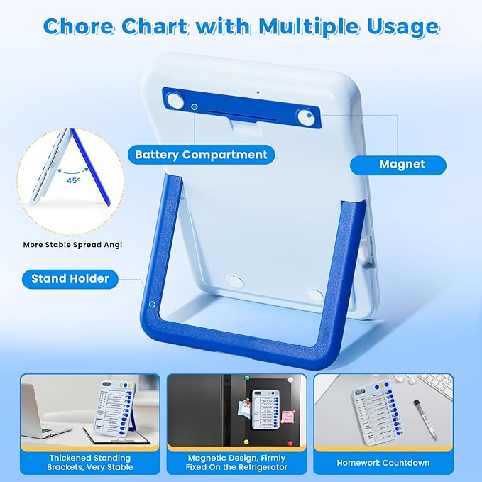 Magnetic Chore Chart for Kids with Timer, Visual Schedule for Kids, ADHD Tools for Kids to Do List, Checklist with 99-Min Countup/Countdown Chore Board with Sliders & 12 Dry-Erase Sheets (Blue)