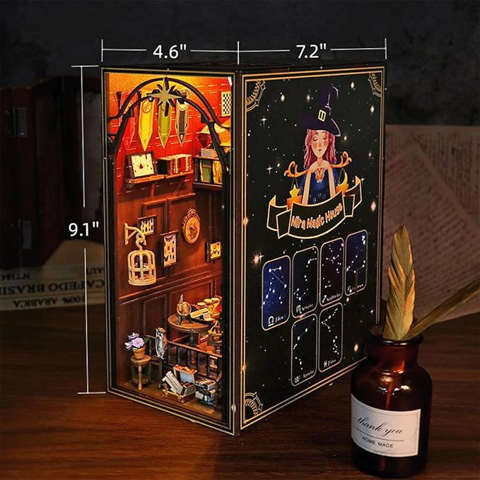 DIY Book Nook Kit with Music Box, 3D Wooden Puzzle Dollhouse with LED, Magic House Bookend for Adults and Teens, Bookshelf Decoration, Creative Gift for Friends and Family. Mira Magic House