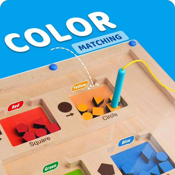 LiKee Strong Magnetic Maze, Montessori Toys for 1 2 3 Years Old Boy Girl, Wodden Puzzle Develop Fine Motor Skills, Kids Travel Airplane Activity, 1-5 Preschool Learning Shape & Color
