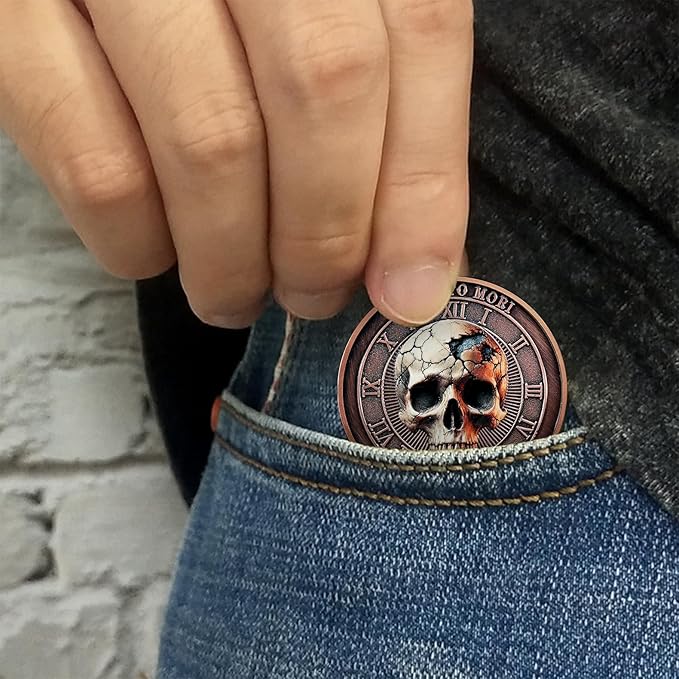 AtSKnSK Memento Mori Coin Momento Mori Coin Skull Coin Stoic Gifts Memento Mori Calendar Living Memento Mori Amor Fati Coin (Time Disc Skeleton)