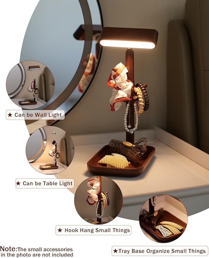 Wooden Table Lamp Tree Trunk Wood Column Rechargeable Led Desk Lamps Magnetic 360°Rotate Battery Powered Wall Night Lights for Bedside Living Edge Table (Black Walnut)