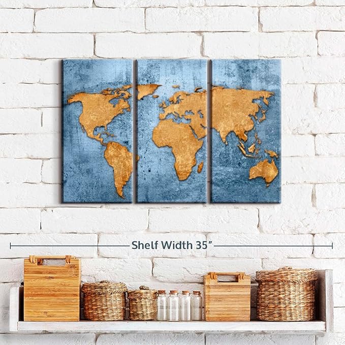 ElephantStock Azure World Map Wall Art Multi Piece Canvas - 3 Panel Wall Decor - Map of the World Art - Canvas for the Office and Home - 23" X 14"