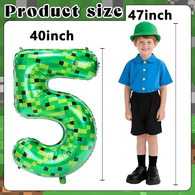 40in Pixel Giant Number 5 Balloon Birthday Decorations, Miner Theme Green Foil Balloons Blast Gaming Party Supplies
