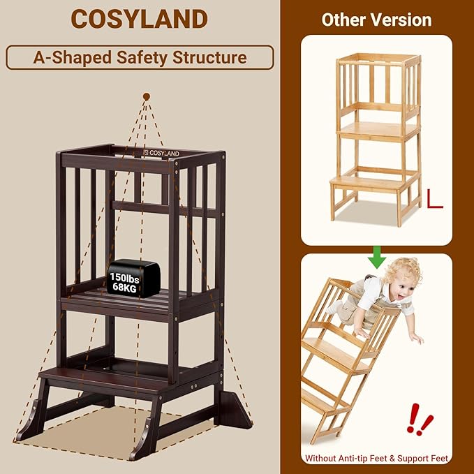 COSYLAND Height Adjustable Kitchen Stool for Toddlers – Portable Toddler Standing Tower for Learning and Cooking – Stable Kids Helper Tower with Stability Block for Kitchen Counter (Walnut)