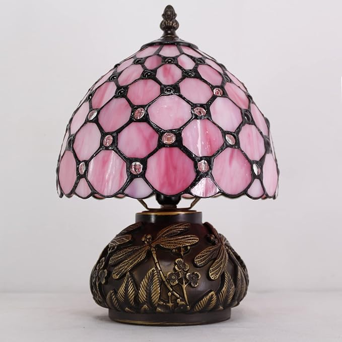 WERFACTORY Small Tiffany Lamp Desk Pink Stained Glass Pearl Bead Mushroom Table Lamp Bronze Mini Accent Lamp W8H11 Inch S005P Series
