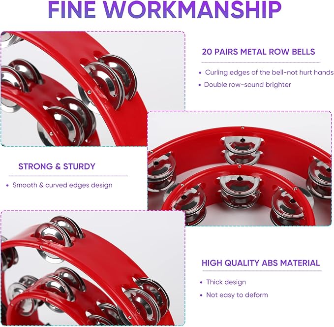 Tambourine Musical Instrument for Adults - 10 Inch Tambourines Half Moon with Egg Shakers Double Row Metal Jingles Handheld Percussion Instruments for Church Dance Party Events KTV (Red)