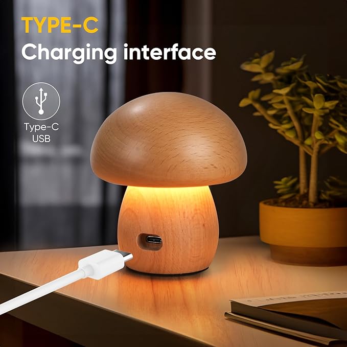 Wooden Mushroom Lamp, Portable Cordless Rechargeable Battery Operated Lamp,Stepless Dimming, Night Light for Birthday Gifts