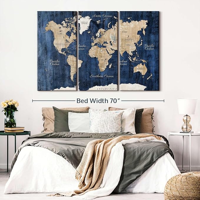 ElephantStock Aged Blue World Map II Canvas - 3 Panel Wall Decor - World Map Digital Art - Blue Wall Art - 65" X 42"