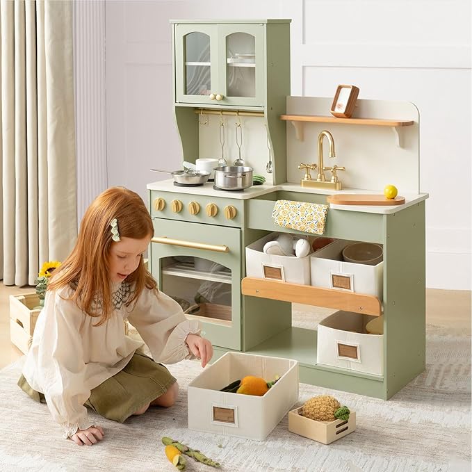 Tiny Land Play Kitchen for Kids, Wooden Toy Kitchen Set with Storage & Accessories, Toddler Kitchen Playset with Stove & Sink, Kids Kitchen Playset Gift for Ages 3-8