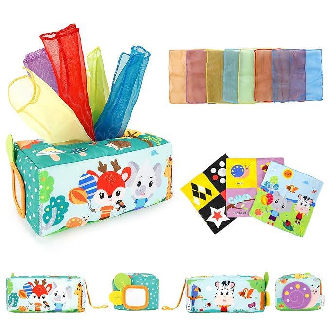 TYRY.HU Baby Gift Set,Montessori Learning Toys Set- Silicone Sensory Toys,Baby Teether Ball with Rattle,Soft Baby Book with Teether Ring & Crinkle Paper,Baby Tissue Box Toy,Milestone Cards,5 PCS