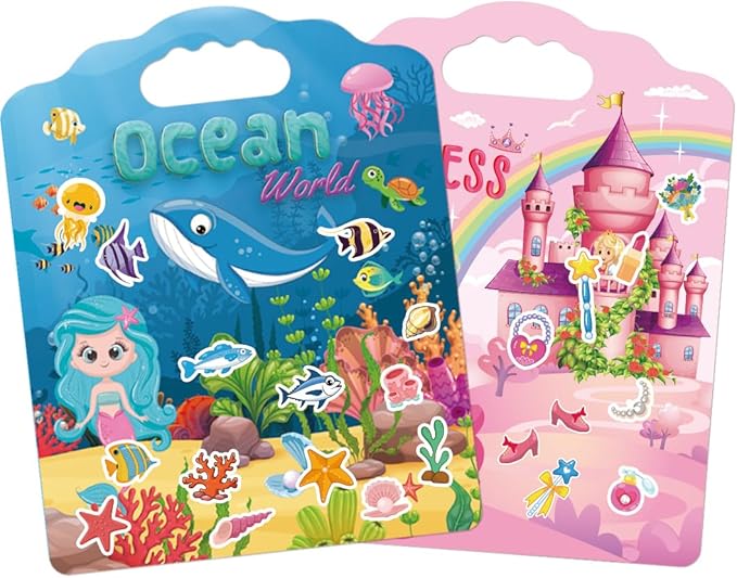 2 Set Reusable Sticker Books for Toddlers 2-4 Years, Puffy Reusable Sticker Activity Book for Kids Toddlers 1-3 Girls Boys Birthday Gifts Include Princess&Ocean
