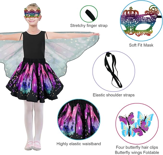 Butterfly Costume for Girls Fairy Wings Kids 4 Pcs(Cape,Skirts,Masks,Hair Clips) Butterfly Wings for Halloween Gifts