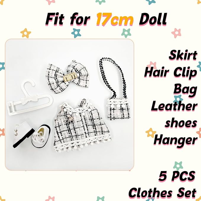17cm Doll Clothes and Shoes Set, Cute Girls Outfits and Leather Shoes, 5 PCS White Chic Dress Stylish Outfits Exquisite Accessories