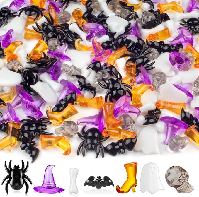 250PCS Halloween Vase Filler – Acrylic Halloween Sensory Bin Filler with Spiders, Bats, Skulls, Ghosts, Witch Hats, Boots, and Bones, Mini Halloween Figurines for Crafts and Bowl Decor