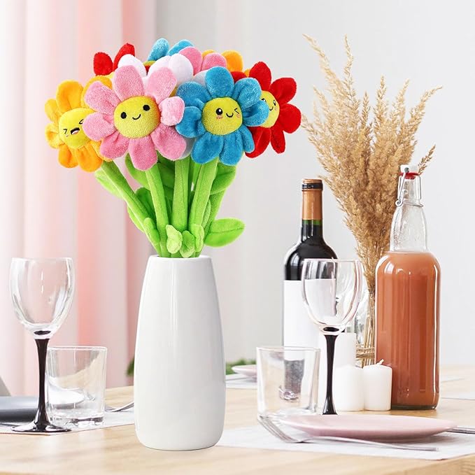 18 Pcs Plush Smile Flower Stuffed Bendable Stems Plush Bouquet Toy Soft Floral 12.6 Inch for Graduation 2025 Mother's Day Valentines Day Girl Girlfriend Wife Family and Friends(Lovely Style)