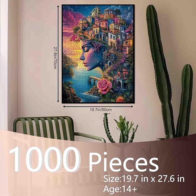 Portrait Woman 1000 Piece Jigsaw Puzzle Seaside House Landscape Jigsaw Puzzles for Adults Gifts Surreal Earth Girl Challenging Puzzle Perfect for Game Nights