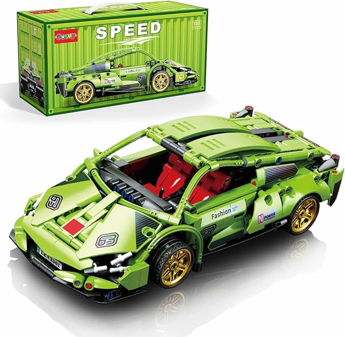 Sosuy Building-Block Race-Car Set, 1:18 Technical Model Kit 586 Pcs DIY Green Pull-Back Toy for Boy Girl Kid Age 6+ Year, Birthday Gift for Teen Adult Display, Speed Super Sports Cars Bricks Icons